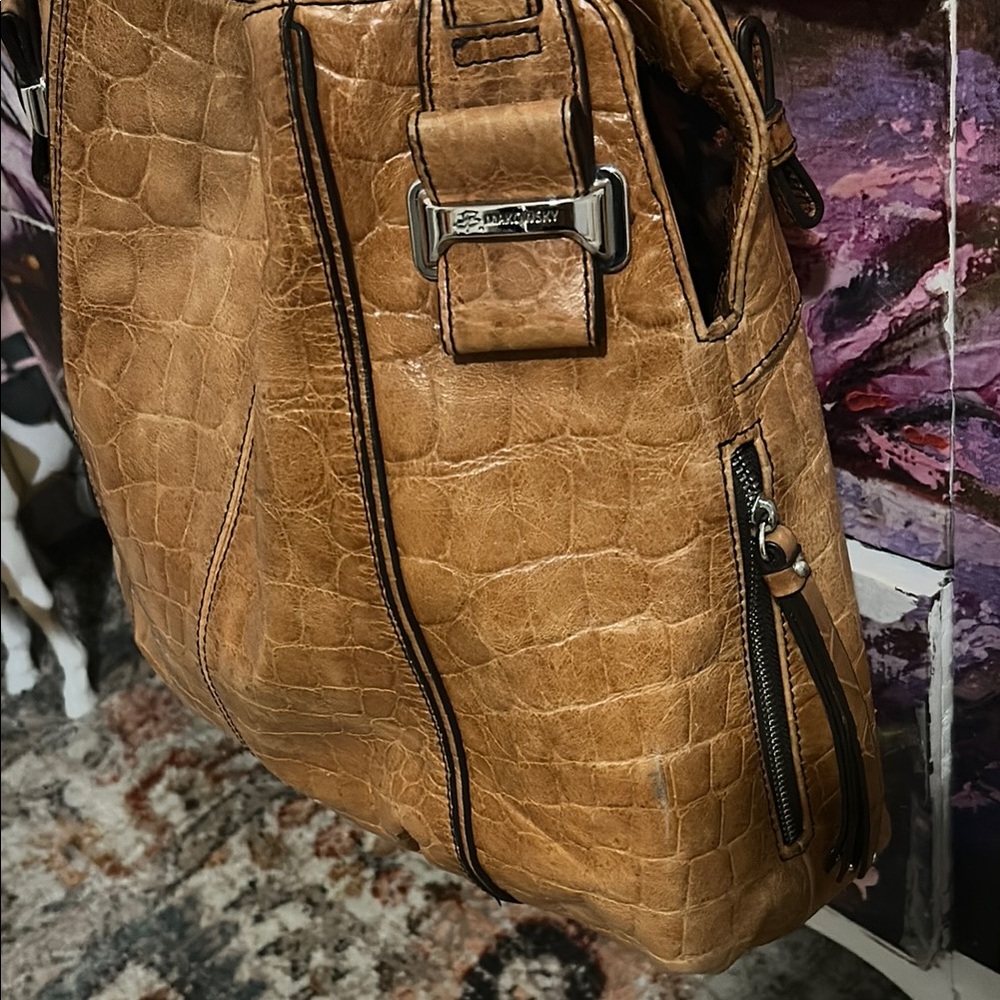 B. Makowsky Tan Shoulder Bag with Distressed Leather and Double Straps - Picture 3 of 14